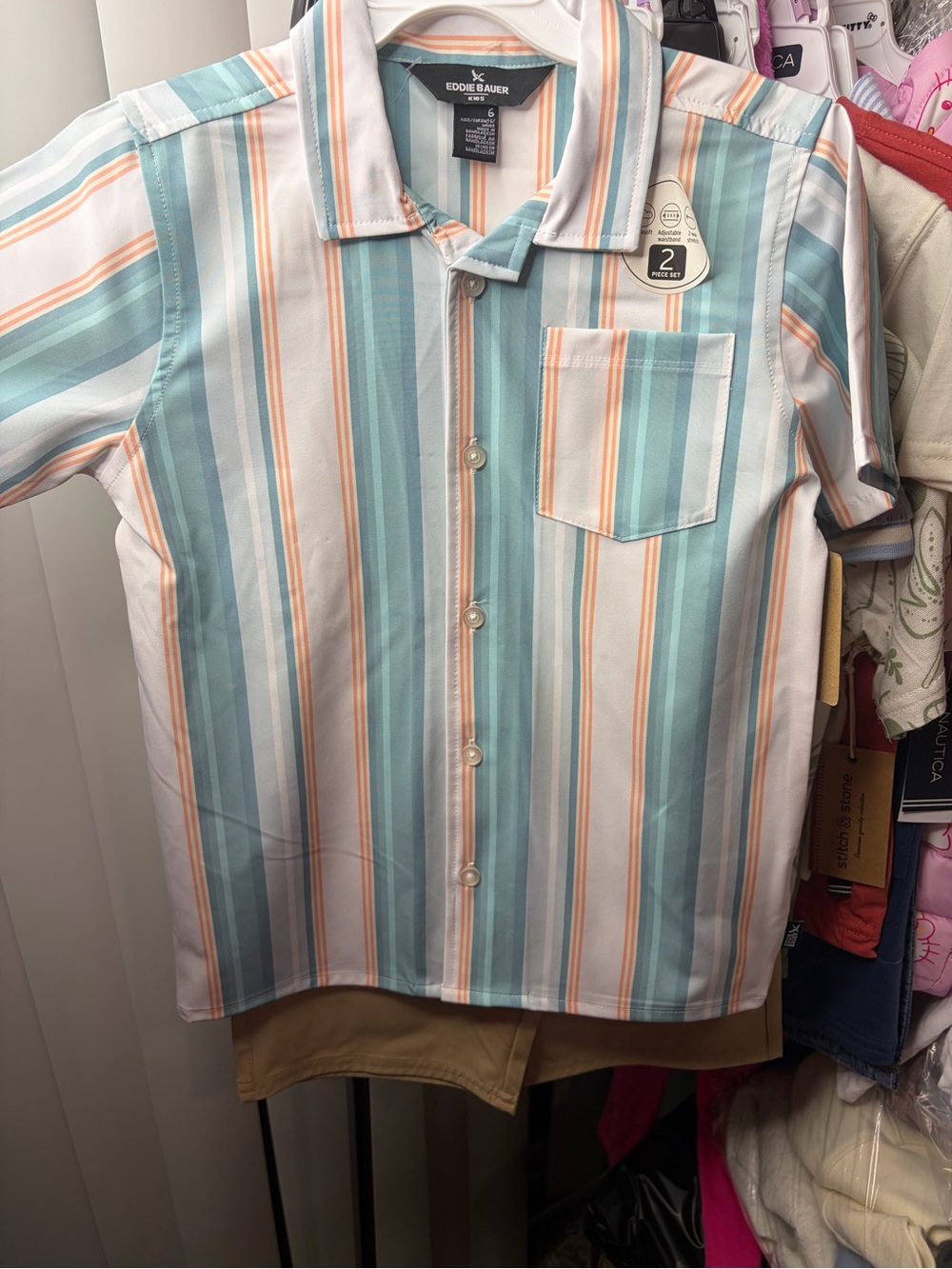 Eddie Bauer Short-Sleeve Striped Button-Down Shirt in Aqua, White & Peach